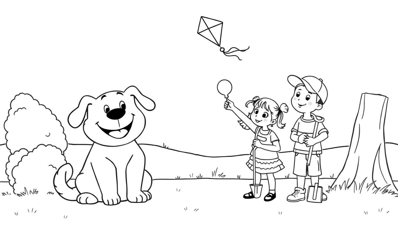 A black and white coloring page, a color panel showing a friendly blue dog, a girl with a balloon and shovel, and a boy with a bucket and baseball cap flying a kite in a park.