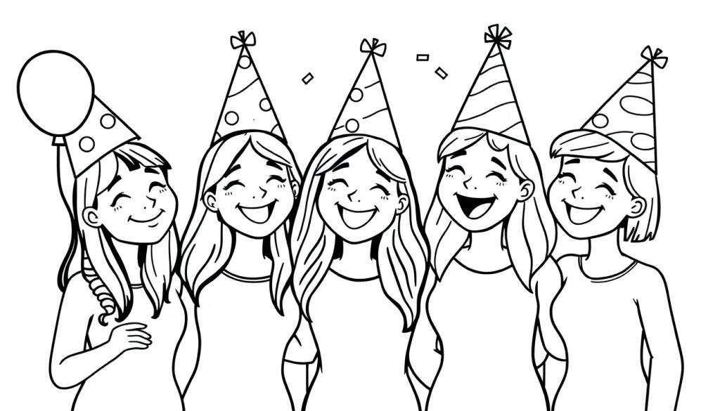 A line of smiling women in party hats, with confetti, a black and white color panel.