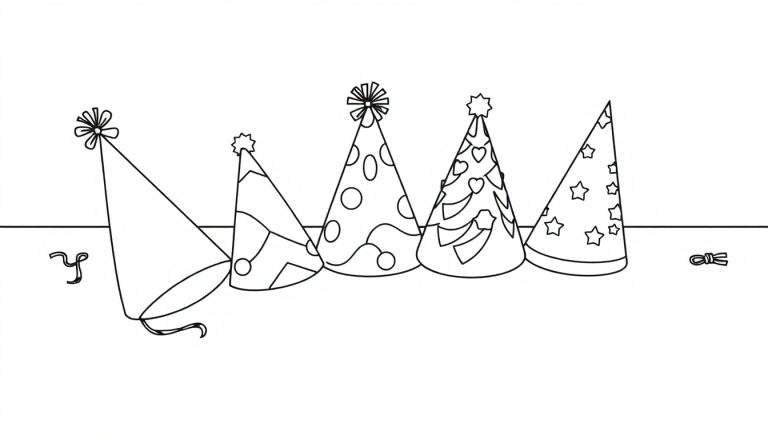 A color panel featuring five black and white party hats with different patterns.