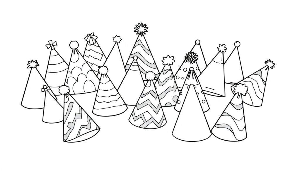A color panel filled with various black and white party hats, perfect for coloring.