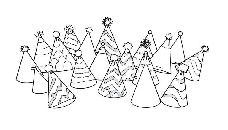 A color panel filled with various black and white party hats, perfect for coloring.