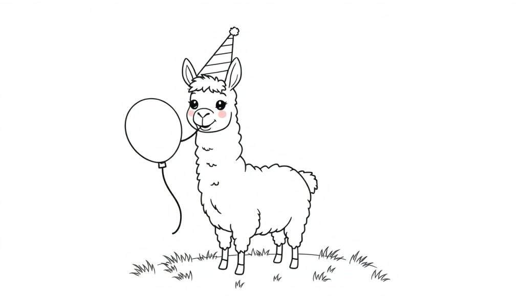 A cute black and white llama in a party hat holding a balloon, ready for coloring fun on this color panel.