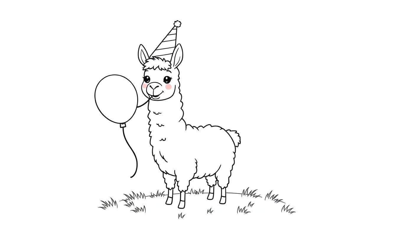 A cute black and white llama in a party hat holding a balloon, ready for coloring fun on this color panel.