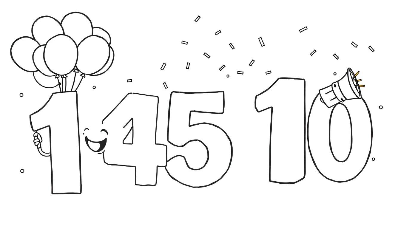 A black and white color panel featuring the number 14510 with festive decorations, balloons, and confetti.