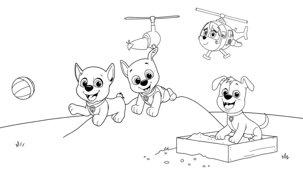 A Paw Patrol coloring panel with puppies playing. A color panel with pups playing in Adventure Bay.