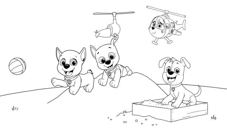 A Paw Patrol coloring panel with puppies playing. A color panel with pups playing in Adventure Bay.