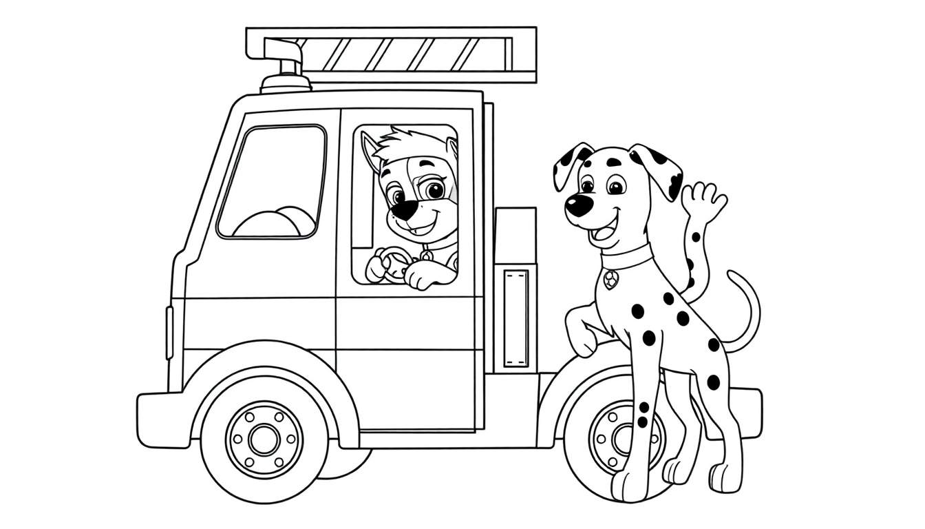 A black and white Paw Patrol color panel featuring Chase driving a fire truck with Marshall waving goodbye.