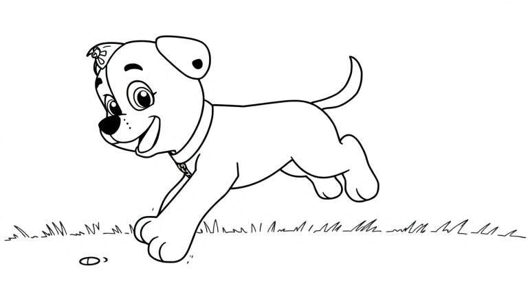 A playful Paw Patrol pup outline for a coloring panel, mid-jump on grass with a flower and tag.