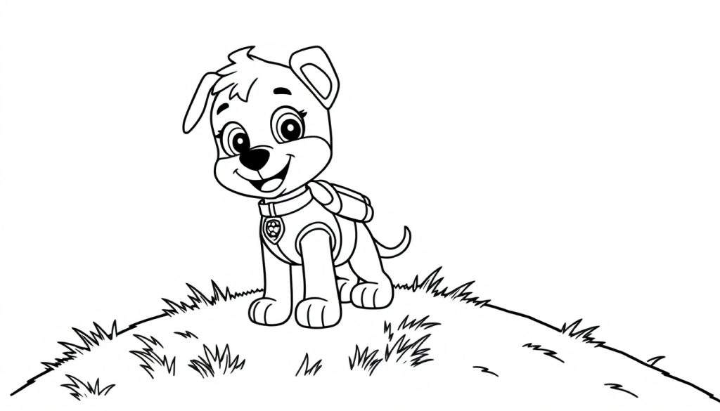 Cartoon puppy outline for a color panel, smiling and wearing a badge.