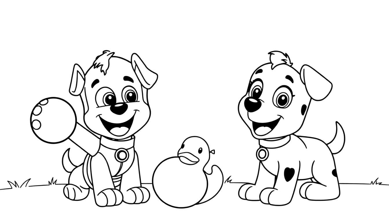 A Paw Patrol coloring page color panel with two puppies playing.