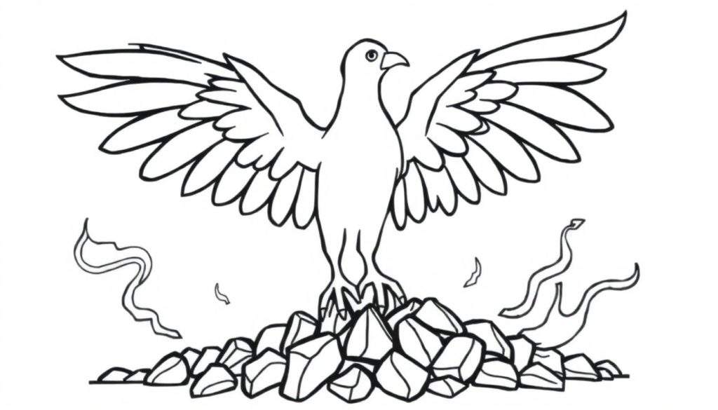 Black and white color panel illustration of a bird with spread wings on rocks with flames.