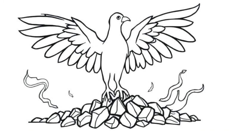 Black and white color panel illustration of a bird with spread wings on rocks with flames.