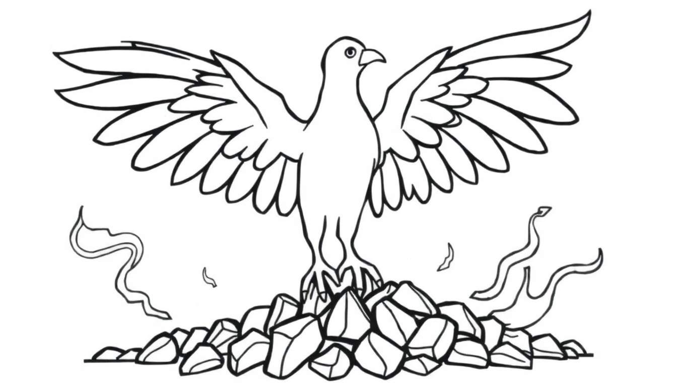 Black and white color panel illustration of a bird with spread wings on rocks with flames.