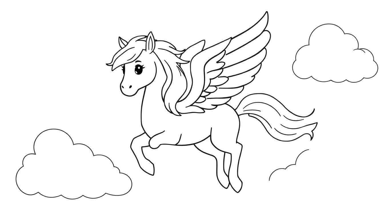 A friendly cartoon Pegasus with big eyes flying through clouds, ready for a color panel.