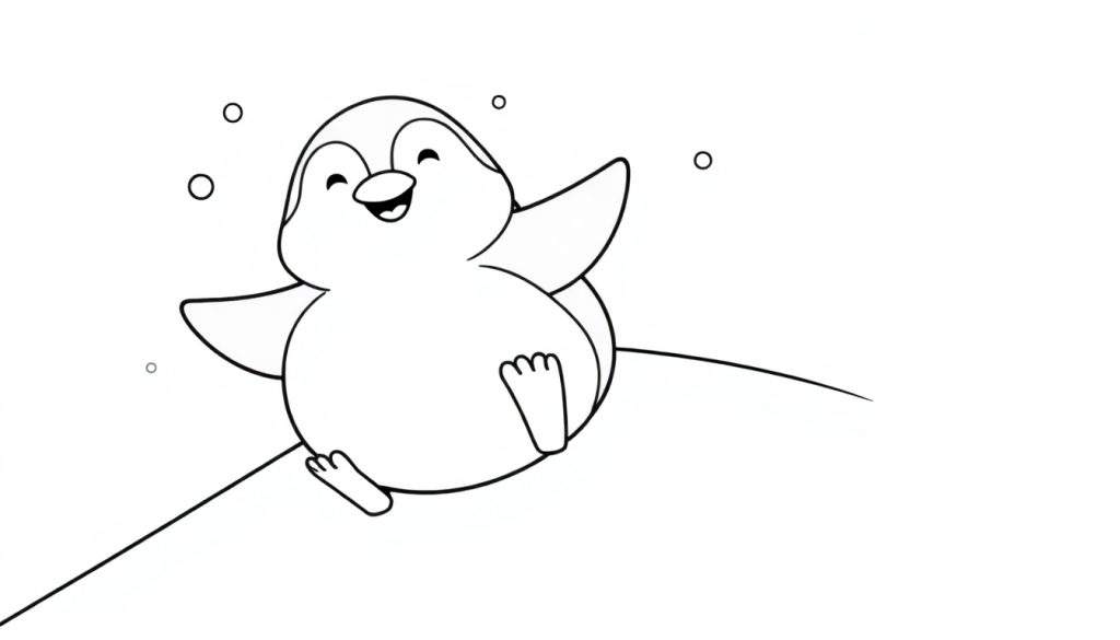A happy penguin sliding down a snowy hill, ready for coloring fun! Black and white line art, a cheerful color panel.