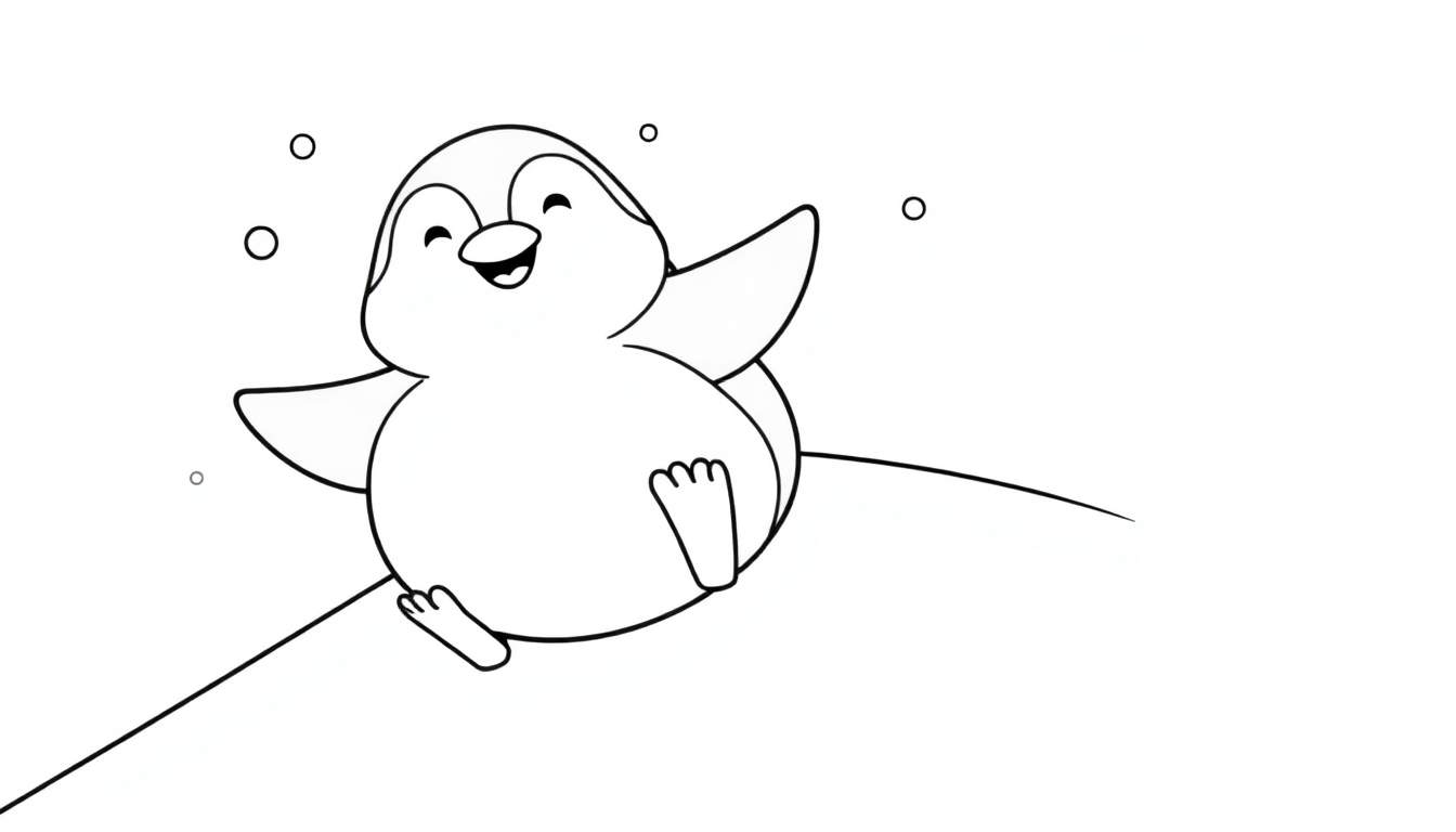 A happy penguin sliding down a snowy hill, ready for coloring fun! Black and white line art, a cheerful color panel.