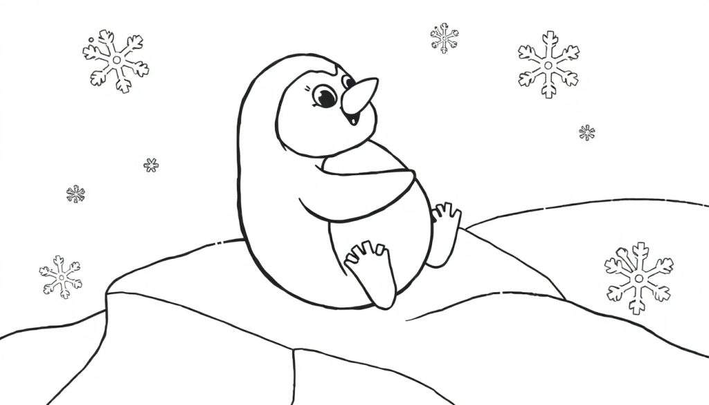 A cute penguin in a black and white color panel, sliding on ice with snowflakes.