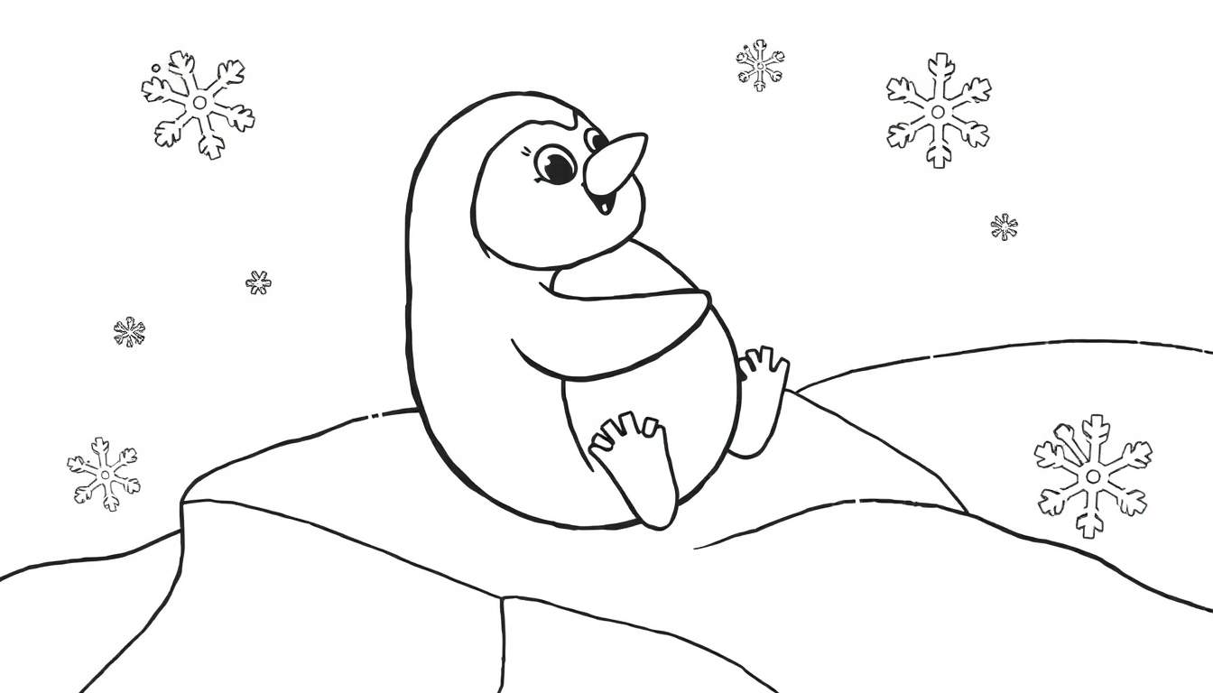 A cute penguin in a black and white color panel, sliding on ice with snowflakes.