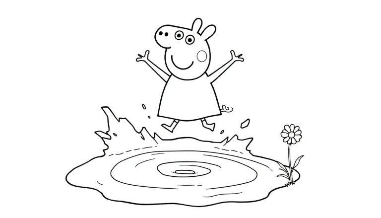 Peppa Pig jumping in a muddy puddle on a color panel.