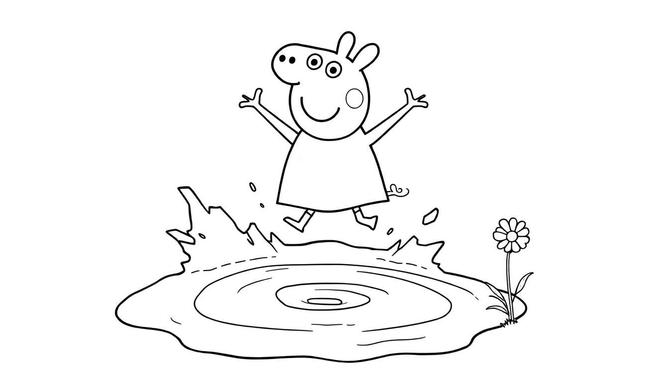 Peppa Pig jumping in a muddy puddle on a color panel.