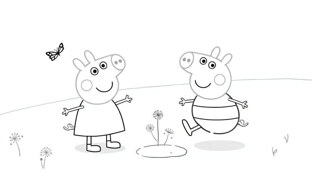 A Peppa Pig color panel with Peppa and George playing in a sunny meadow, outline only, black and white.