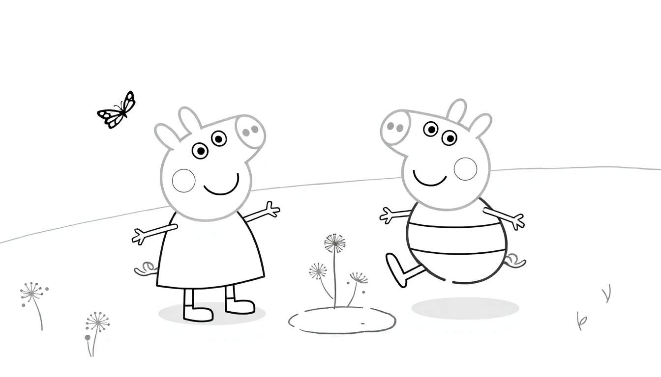 A Peppa Pig color panel with Peppa and George playing in a sunny meadow, outline only, black and white.