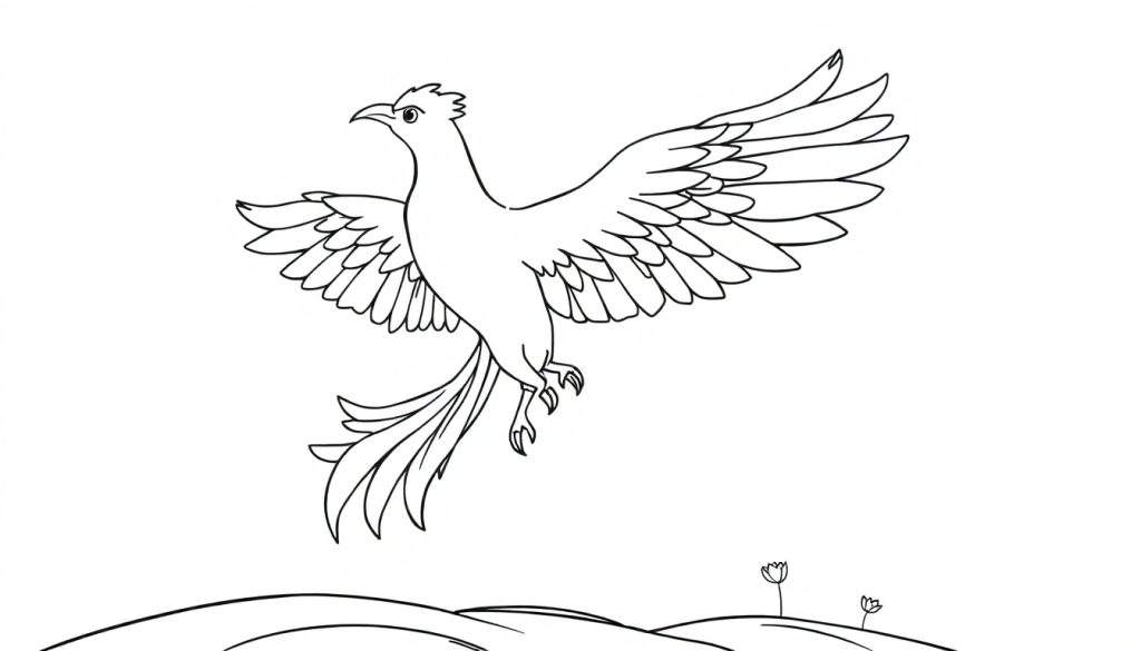 A majestic phoenix in flight, ready for a child's color panel.