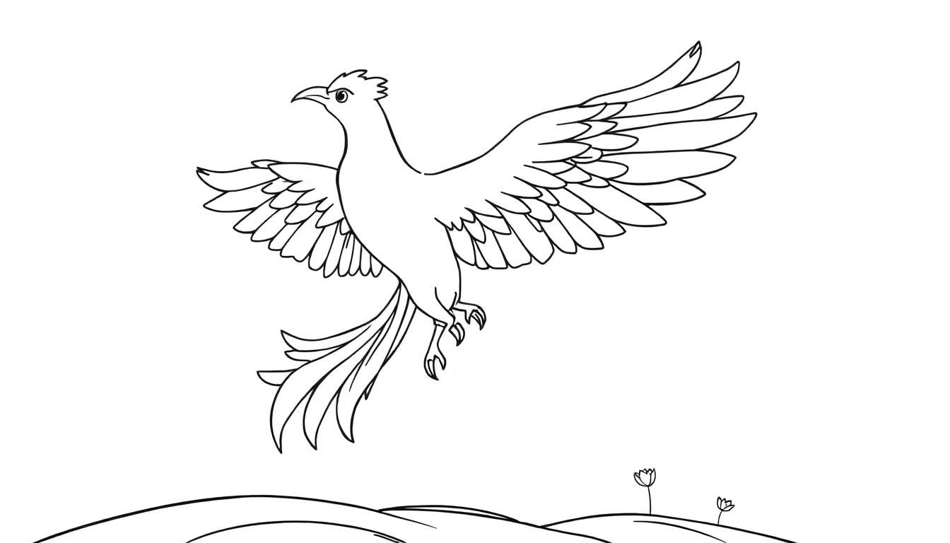 A majestic phoenix in flight, ready for a child's color panel.