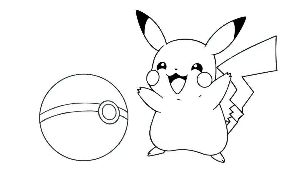 A black and white outline drawing of Pikachu, ready for coloring, holding a Pokéball, a fun color panel.