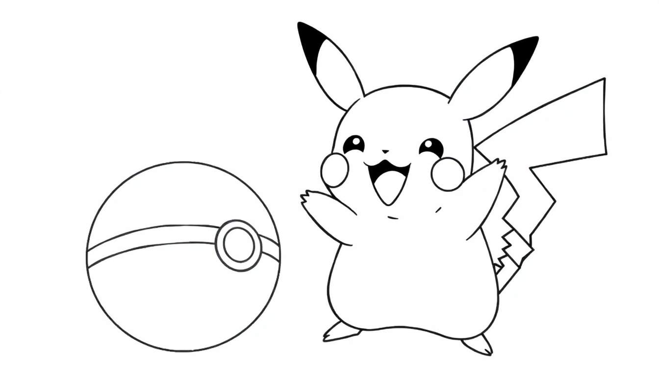 A black and white outline drawing of Pikachu, ready for coloring, holding a Pokéball, a fun color panel.