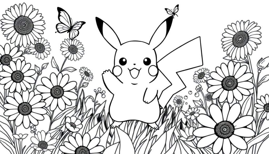 Pikachu waving in a black and white daisy field color panel with butterflies.
