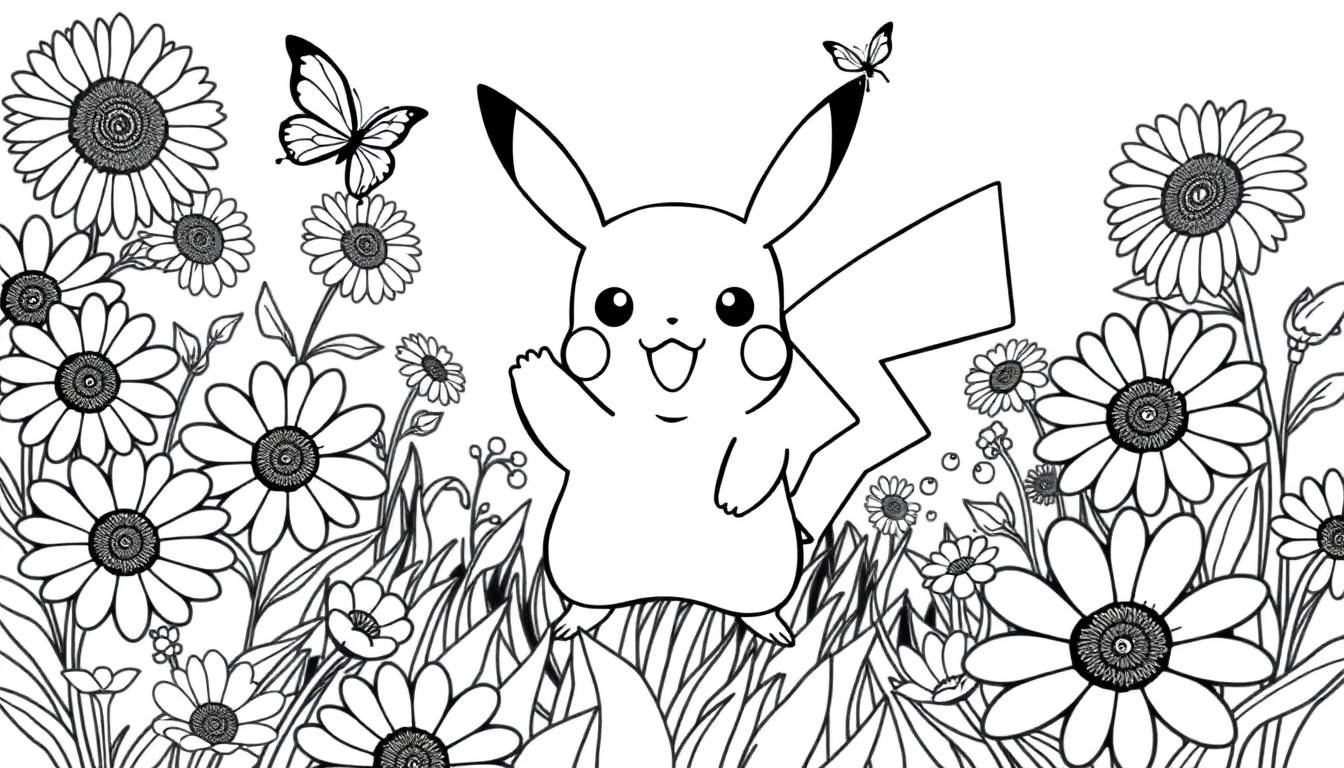 Pikachu waving in a black and white daisy field color panel with butterflies.