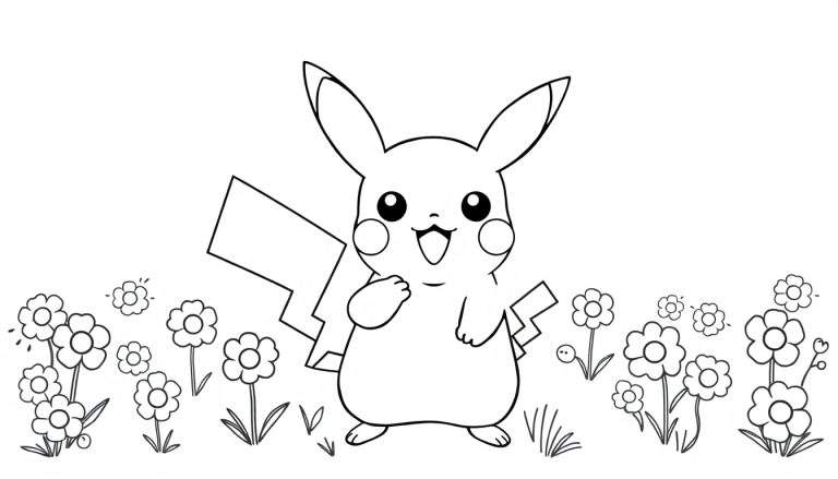 A black and white Pikachu coloring panel smiling in a field of flowers.