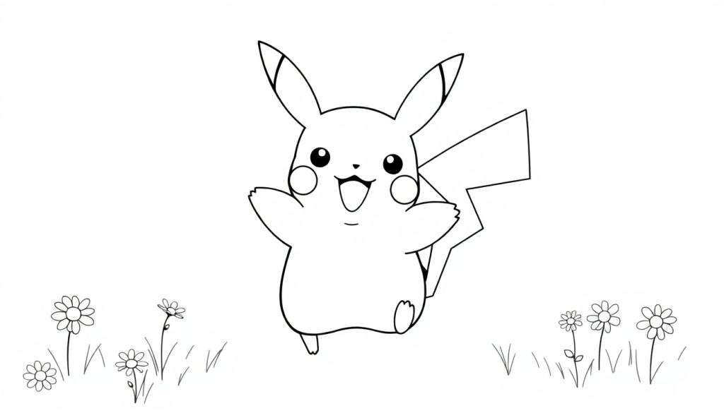 A black and white line drawing of a smiling Pikachu in a field, ready for a color panel.