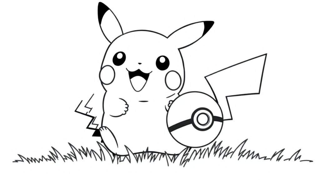 A black and white coloring panel of Pikachu sitting happily in grass holding a Pokeball.