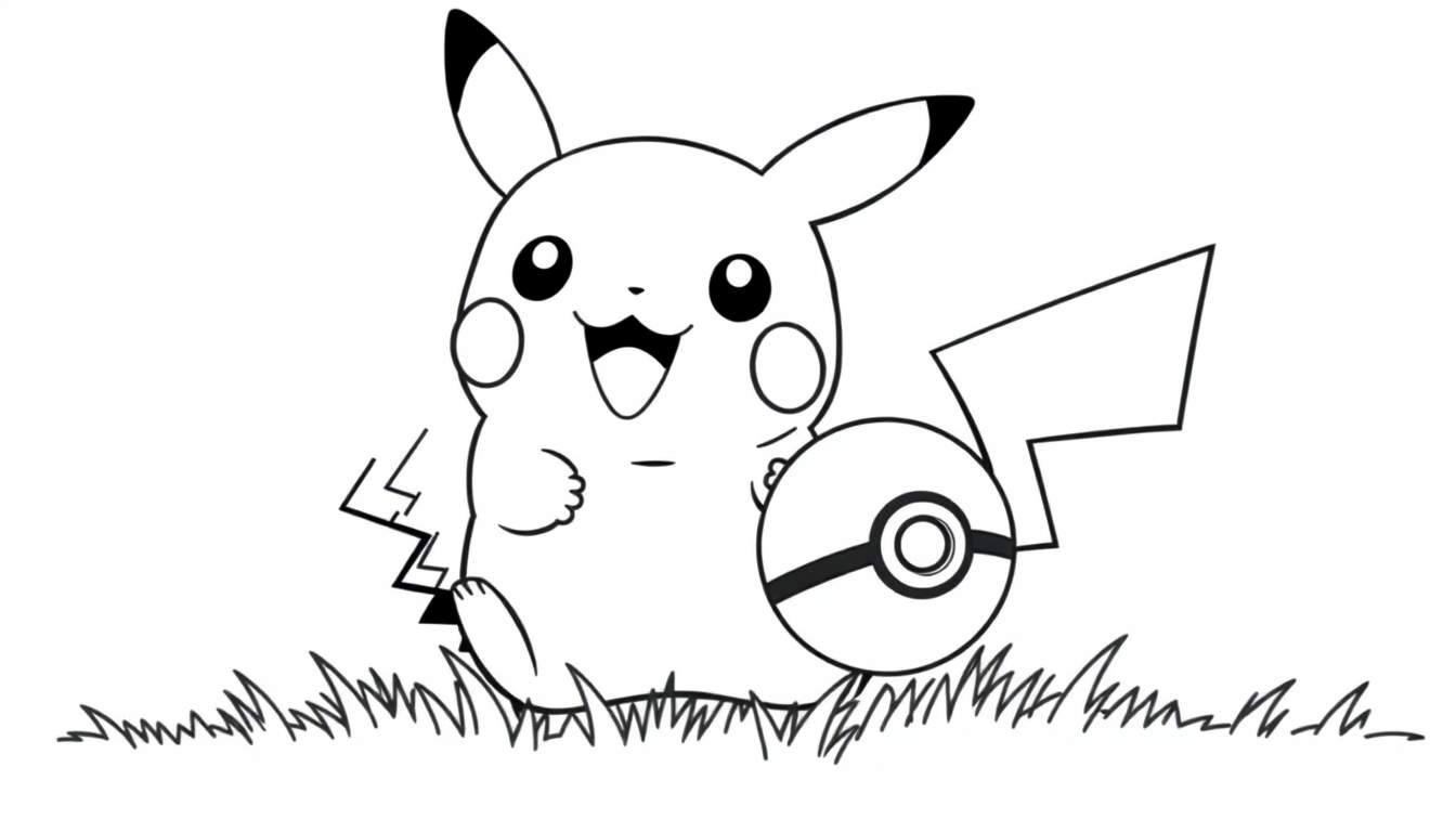 A black and white coloring panel of Pikachu sitting happily in grass holding a Pokeball.