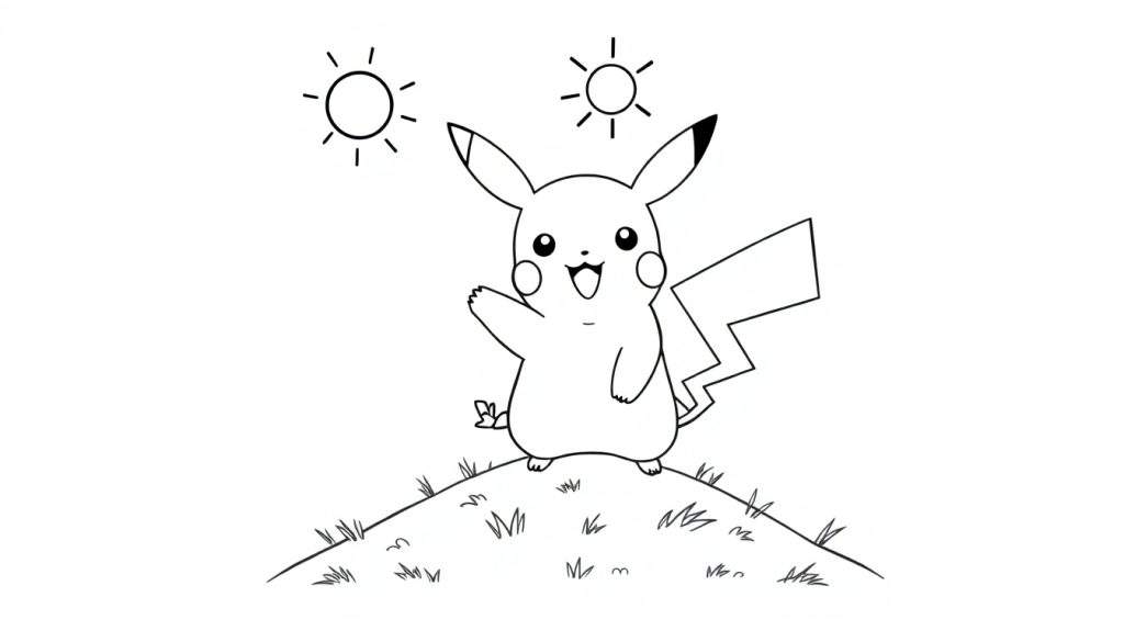 A happy Pikachu waving hello in a black and white color panel drawing.