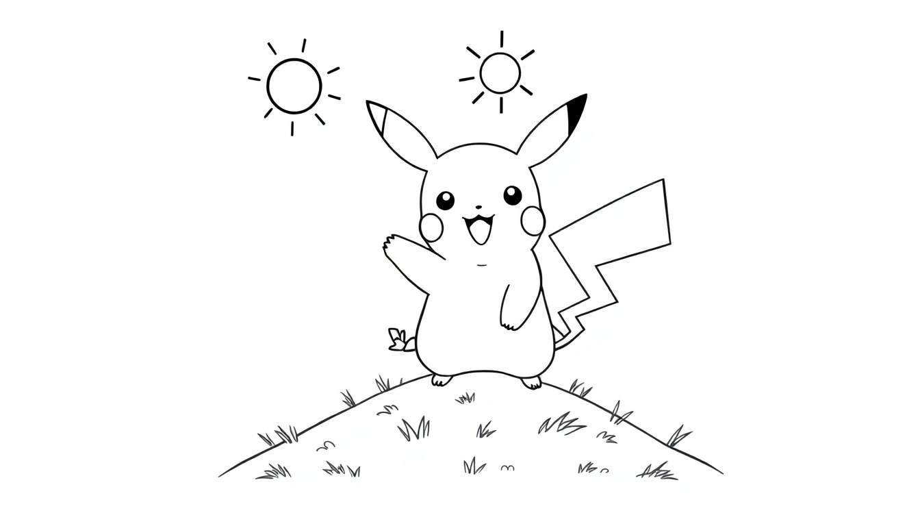 A happy Pikachu waving hello in a black and white color panel drawing.