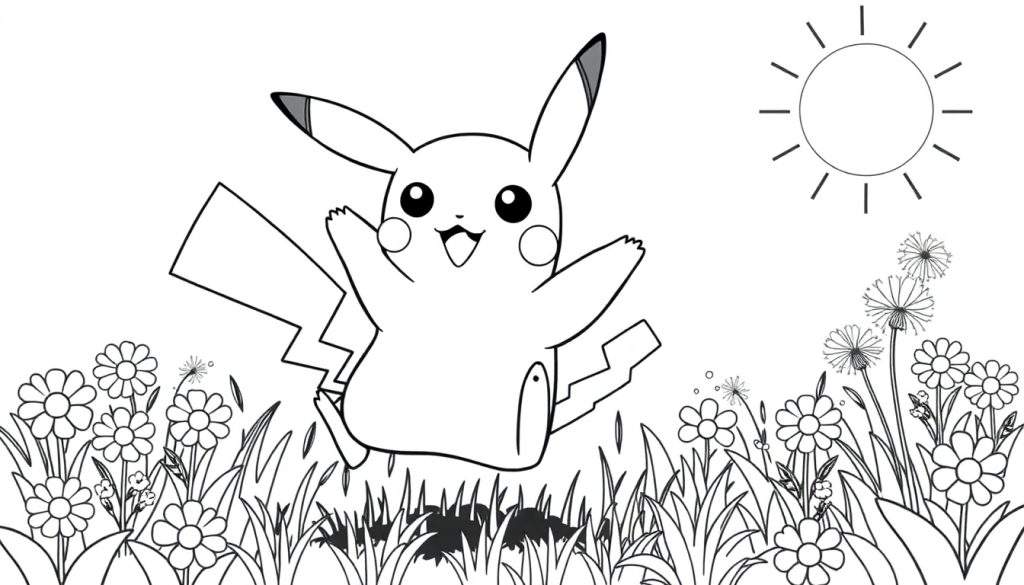 A black and white color panel drawing of Pikachu jumping in a sunny meadow.