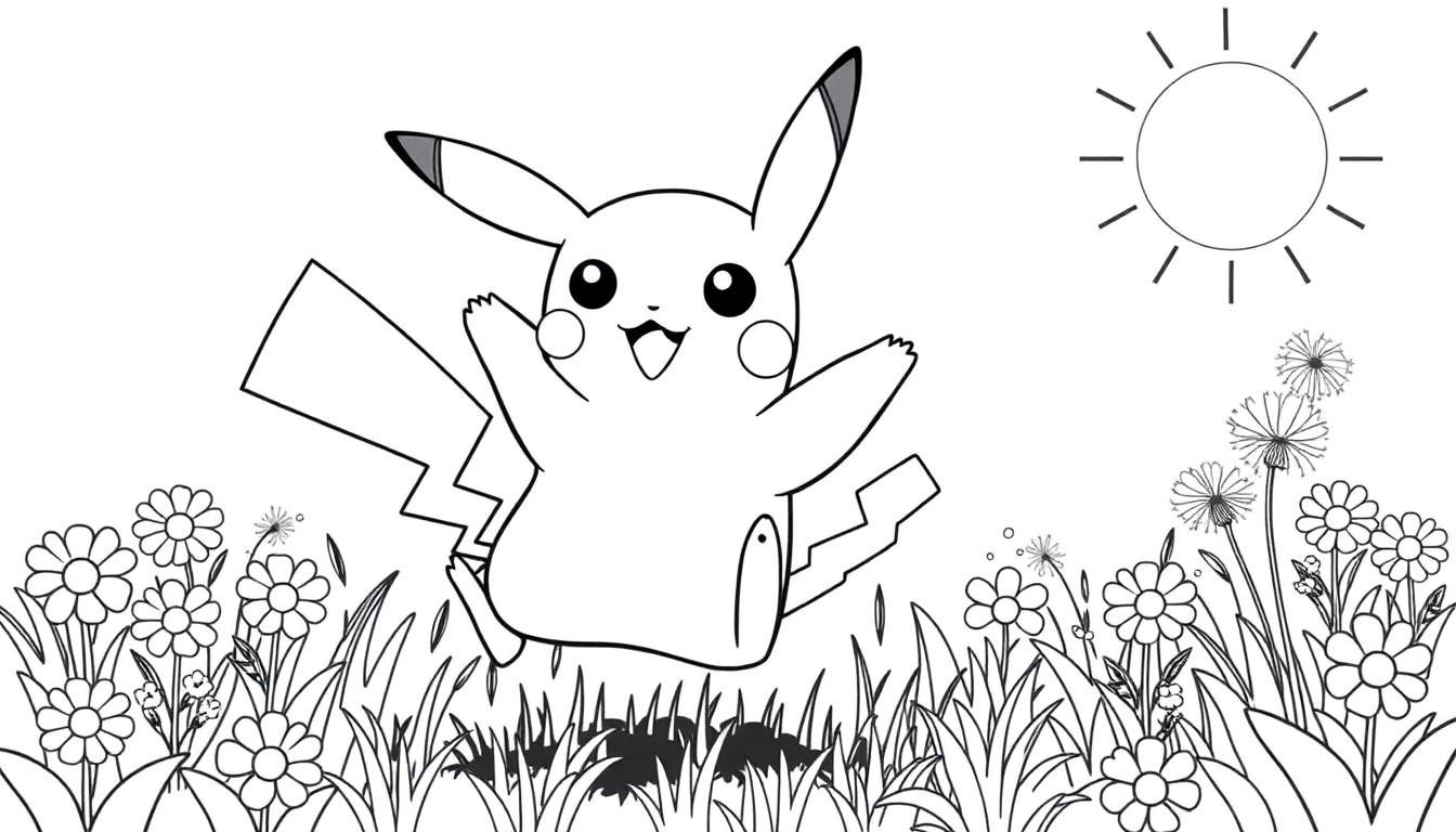 A black and white color panel drawing of Pikachu jumping in a sunny meadow.