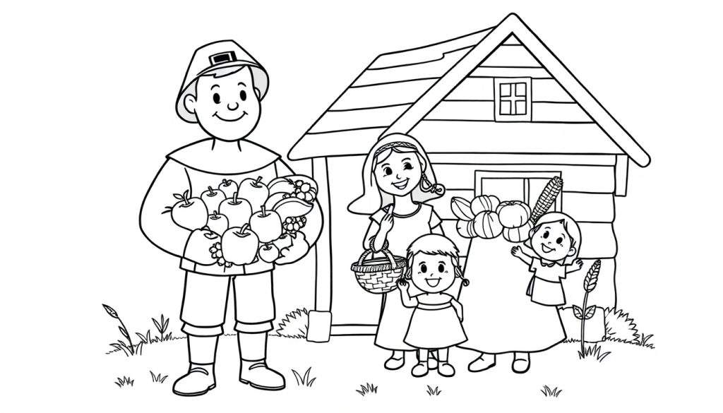 A pilgrim family with a color panel, by a wooden house with fruits and pumpkins.