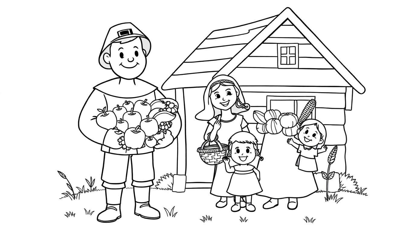 A pilgrim family with a color panel, by a wooden house with fruits and pumpkins.