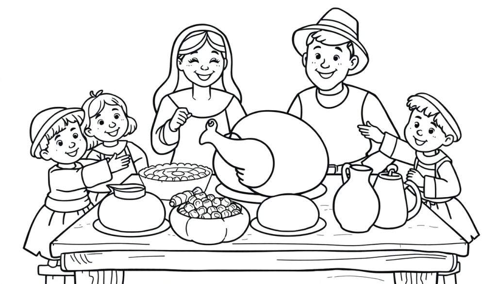 A cute pilgrim family enjoying a Thanksgiving feast, ready for coloring. Black and white line art color panel.