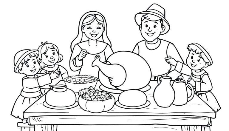 A cute pilgrim family enjoying a Thanksgiving feast, ready for coloring. Black and white line art color panel.