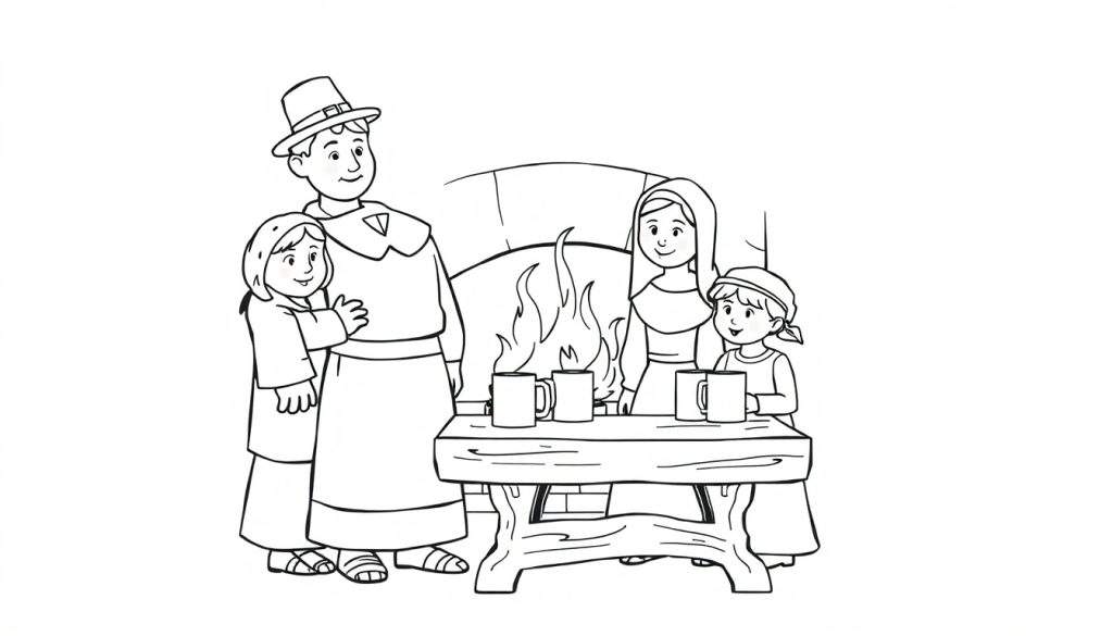 A Pilgrim family is ready to color in this adorable color panel.