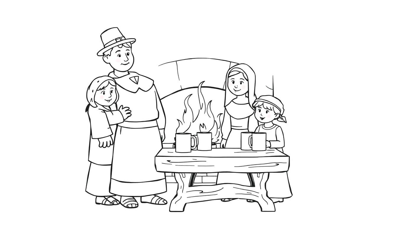 A Pilgrim family is ready to color in this adorable color panel.