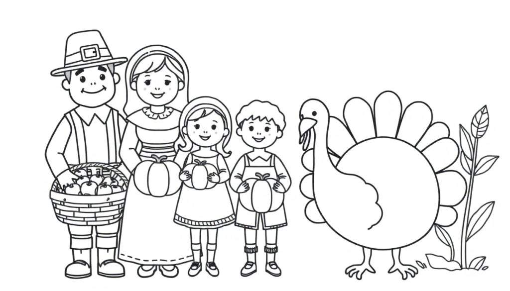 A black and white Pilgrim family with a turkey and harvest elements, ready for coloring. A fun color panel for kids.