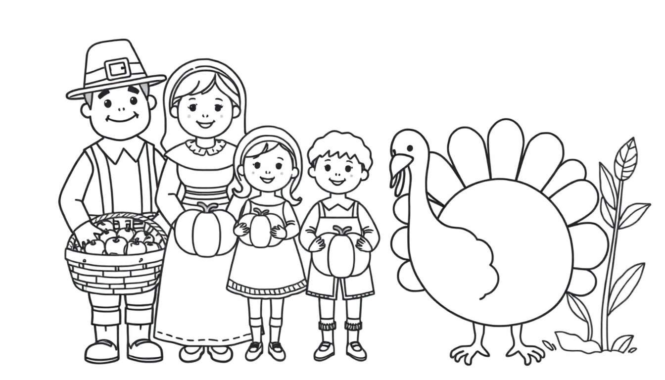 A black and white Pilgrim family with a turkey and harvest elements, ready for coloring. A fun color panel for kids.