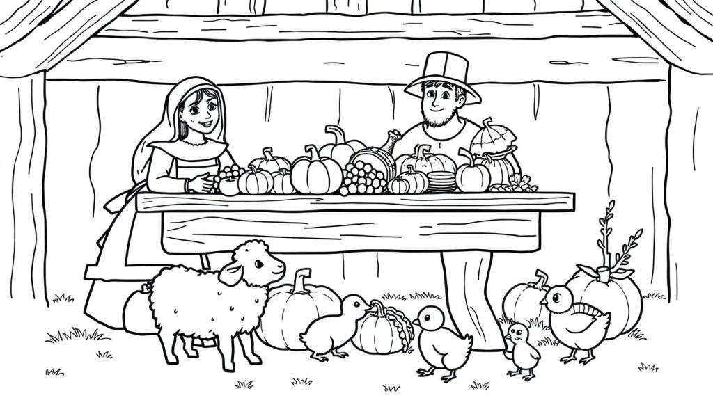A black and white Pilgrim family coloring panel with farm animals and harvest.
