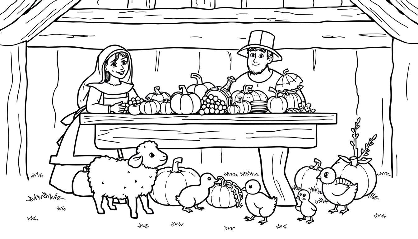 A black and white Pilgrim family coloring panel with farm animals and harvest.